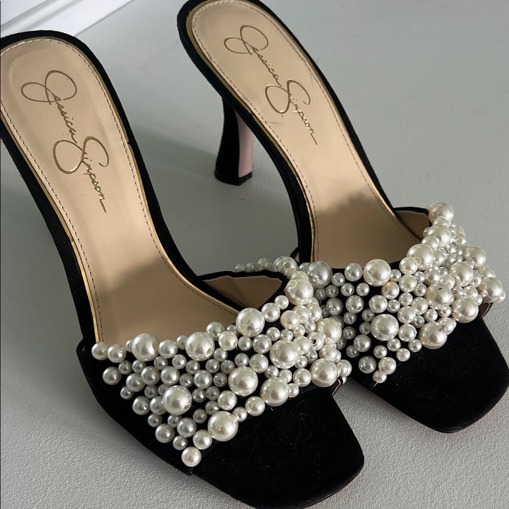 Jessica Simpson Black Heels with Pearl Accents